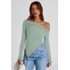 imagePRETTYGARDEN Womens Spring Long Sleeve Y2K Crop Top Trendy Off Shoulder Asymmetrical Fitted Knit Tee Shirts Going Out TopsBean Green