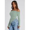 imagePRETTYGARDEN Womens Spring Long Sleeve Y2K Crop Top Trendy Off Shoulder Asymmetrical Fitted Knit Tee Shirts Going Out TopsBean Green