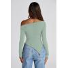 imagePRETTYGARDEN Womens Spring Long Sleeve Y2K Crop Top Trendy Off Shoulder Asymmetrical Fitted Knit Tee Shirts Going Out TopsBean Green