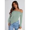 imagePRETTYGARDEN Womens Spring Long Sleeve Y2K Crop Top Trendy Off Shoulder Asymmetrical Fitted Knit Tee Shirts Going Out TopsBean Green