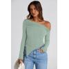 imagePRETTYGARDEN Womens Spring Long Sleeve Y2K Crop Top Trendy Off Shoulder Asymmetrical Fitted Knit Tee Shirts Going Out TopsBean Green