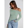 imagePRETTYGARDEN Womens Spring Long Sleeve Y2K Crop Top Trendy Off Shoulder Asymmetrical Fitted Knit Tee Shirts Going Out TopsBean Green