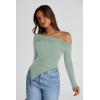 imagePRETTYGARDEN Womens Spring Long Sleeve Y2K Crop Top Trendy Off Shoulder Asymmetrical Fitted Knit Tee Shirts Going Out TopsBean Green
