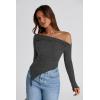 imagePRETTYGARDEN Womens Spring Long Sleeve Y2K Crop Top Trendy Off Shoulder Asymmetrical Fitted Knit Tee Shirts Going Out TopsBlack