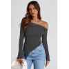 imagePRETTYGARDEN Womens Spring Long Sleeve Y2K Crop Top Trendy Off Shoulder Asymmetrical Fitted Knit Tee Shirts Going Out TopsBlack