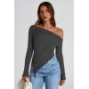 imagePRETTYGARDEN Womens Spring Long Sleeve Y2K Crop Top Trendy Off Shoulder Asymmetrical Fitted Knit Tee Shirts Going Out TopsBlack