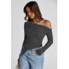 imagePRETTYGARDEN Womens Spring Long Sleeve Y2K Crop Top Trendy Off Shoulder Asymmetrical Fitted Knit Tee Shirts Going Out TopsBlack