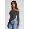 imagePRETTYGARDEN Womens Spring Long Sleeve Y2K Crop Top Trendy Off Shoulder Asymmetrical Fitted Knit Tee Shirts Going Out TopsBlack