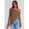 imagePRETTYGARDEN Womens Spring Long Sleeve Y2K Crop Top Trendy Off Shoulder Asymmetrical Fitted Knit Tee Shirts Going Out TopsBrown