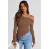 imagePRETTYGARDEN Womens Spring Long Sleeve Y2K Crop Top Trendy Off Shoulder Asymmetrical Fitted Knit Tee Shirts Going Out TopsBrown