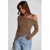 imagePRETTYGARDEN Womens Spring Long Sleeve Y2K Crop Top Trendy Off Shoulder Asymmetrical Fitted Knit Tee Shirts Going Out TopsBrown