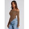 imagePRETTYGARDEN Womens Spring Long Sleeve Y2K Crop Top Trendy Off Shoulder Asymmetrical Fitted Knit Tee Shirts Going Out TopsBrown