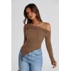imagePRETTYGARDEN Womens Spring Long Sleeve Y2K Crop Top Trendy Off Shoulder Asymmetrical Fitted Knit Tee Shirts Going Out TopsBrown