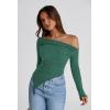 imagePRETTYGARDEN Womens Spring Long Sleeve Y2K Crop Top Trendy Off Shoulder Asymmetrical Fitted Knit Tee Shirts Going Out TopsDark Green