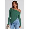 imagePRETTYGARDEN Womens Spring Long Sleeve Y2K Crop Top Trendy Off Shoulder Asymmetrical Fitted Knit Tee Shirts Going Out TopsDark Green