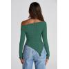 imagePRETTYGARDEN Womens Spring Long Sleeve Y2K Crop Top Trendy Off Shoulder Asymmetrical Fitted Knit Tee Shirts Going Out TopsDark Green