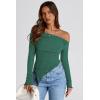 imagePRETTYGARDEN Womens Spring Long Sleeve Y2K Crop Top Trendy Off Shoulder Asymmetrical Fitted Knit Tee Shirts Going Out TopsDark Green