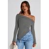 imagePRETTYGARDEN Womens Spring Long Sleeve Y2K Crop Top Trendy Off Shoulder Asymmetrical Fitted Knit Tee Shirts Going Out TopsGrey