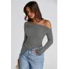 imagePRETTYGARDEN Womens Spring Long Sleeve Y2K Crop Top Trendy Off Shoulder Asymmetrical Fitted Knit Tee Shirts Going Out TopsGrey