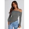 imagePRETTYGARDEN Womens Spring Long Sleeve Y2K Crop Top Trendy Off Shoulder Asymmetrical Fitted Knit Tee Shirts Going Out TopsGrey