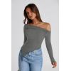 imagePRETTYGARDEN Womens Spring Long Sleeve Y2K Crop Top Trendy Off Shoulder Asymmetrical Fitted Knit Tee Shirts Going Out TopsGrey