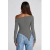 imagePRETTYGARDEN Womens Spring Long Sleeve Y2K Crop Top Trendy Off Shoulder Asymmetrical Fitted Knit Tee Shirts Going Out TopsGrey