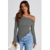 imagePRETTYGARDEN Womens Spring Long Sleeve Y2K Crop Top Trendy Off Shoulder Asymmetrical Fitted Knit Tee Shirts Going Out TopsGrey
