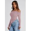 imagePRETTYGARDEN Womens Spring Long Sleeve Y2K Crop Top Trendy Off Shoulder Asymmetrical Fitted Knit Tee Shirts Going Out TopsGrey Pink