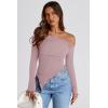 imagePRETTYGARDEN Womens Spring Long Sleeve Y2K Crop Top Trendy Off Shoulder Asymmetrical Fitted Knit Tee Shirts Going Out TopsGrey Pink