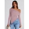 imagePRETTYGARDEN Womens Spring Long Sleeve Y2K Crop Top Trendy Off Shoulder Asymmetrical Fitted Knit Tee Shirts Going Out TopsGrey Pink