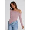 imagePRETTYGARDEN Womens Spring Long Sleeve Y2K Crop Top Trendy Off Shoulder Asymmetrical Fitted Knit Tee Shirts Going Out TopsGrey Pink