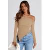 imagePRETTYGARDEN Womens Spring Long Sleeve Y2K Crop Top Trendy Off Shoulder Asymmetrical Fitted Knit Tee Shirts Going Out TopsLight Coffee