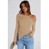 imagePRETTYGARDEN Womens Spring Long Sleeve Y2K Crop Top Trendy Off Shoulder Asymmetrical Fitted Knit Tee Shirts Going Out TopsLight Coffee