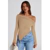 imagePRETTYGARDEN Womens Spring Long Sleeve Y2K Crop Top Trendy Off Shoulder Asymmetrical Fitted Knit Tee Shirts Going Out TopsLight Coffee