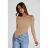 imagePRETTYGARDEN Womens Spring Long Sleeve Y2K Crop Top Trendy Off Shoulder Asymmetrical Fitted Knit Tee Shirts Going Out TopsLight Coffee