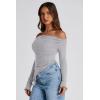 imagePRETTYGARDEN Womens Spring Long Sleeve Y2K Crop Top Trendy Off Shoulder Asymmetrical Fitted Knit Tee Shirts Going Out TopsLight Grey