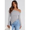 imagePRETTYGARDEN Womens Spring Long Sleeve Y2K Crop Top Trendy Off Shoulder Asymmetrical Fitted Knit Tee Shirts Going Out TopsLight Grey