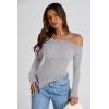 imagePRETTYGARDEN Womens Spring Long Sleeve Y2K Crop Top Trendy Off Shoulder Asymmetrical Fitted Knit Tee Shirts Going Out TopsLight Grey