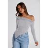 imagePRETTYGARDEN Womens Spring Long Sleeve Y2K Crop Top Trendy Off Shoulder Asymmetrical Fitted Knit Tee Shirts Going Out TopsLight Grey