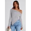 imagePRETTYGARDEN Womens Spring Long Sleeve Y2K Crop Top Trendy Off Shoulder Asymmetrical Fitted Knit Tee Shirts Going Out TopsLight Grey