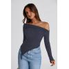 imagePRETTYGARDEN Womens Spring Long Sleeve Y2K Crop Top Trendy Off Shoulder Asymmetrical Fitted Knit Tee Shirts Going Out TopsNavy