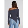 imagePRETTYGARDEN Womens Spring Long Sleeve Y2K Crop Top Trendy Off Shoulder Asymmetrical Fitted Knit Tee Shirts Going Out TopsNavy