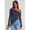 imagePRETTYGARDEN Womens Spring Long Sleeve Y2K Crop Top Trendy Off Shoulder Asymmetrical Fitted Knit Tee Shirts Going Out TopsNavy