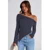 imagePRETTYGARDEN Womens Spring Long Sleeve Y2K Crop Top Trendy Off Shoulder Asymmetrical Fitted Knit Tee Shirts Going Out TopsNavy