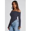 imagePRETTYGARDEN Womens Spring Long Sleeve Y2K Crop Top Trendy Off Shoulder Asymmetrical Fitted Knit Tee Shirts Going Out TopsNavy