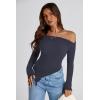 imagePRETTYGARDEN Womens Spring Long Sleeve Y2K Crop Top Trendy Off Shoulder Asymmetrical Fitted Knit Tee Shirts Going Out TopsNavy
