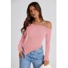 imagePRETTYGARDEN Womens Spring Long Sleeve Y2K Crop Top Trendy Off Shoulder Asymmetrical Fitted Knit Tee Shirts Going Out TopsPink