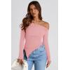 imagePRETTYGARDEN Womens Spring Long Sleeve Y2K Crop Top Trendy Off Shoulder Asymmetrical Fitted Knit Tee Shirts Going Out TopsPink