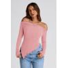 imagePRETTYGARDEN Womens Spring Long Sleeve Y2K Crop Top Trendy Off Shoulder Asymmetrical Fitted Knit Tee Shirts Going Out TopsPink