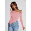 imagePRETTYGARDEN Womens Spring Long Sleeve Y2K Crop Top Trendy Off Shoulder Asymmetrical Fitted Knit Tee Shirts Going Out TopsPink